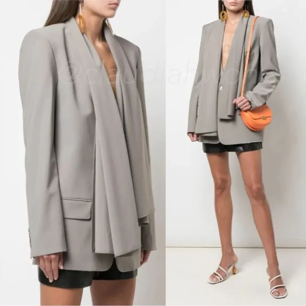 TIBI Tropical Wool Detachable Scarf Blazer Jacket in Cement Grey